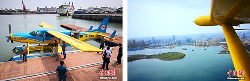 水上飛行機の空中遊覧航空路線を飛行するセスナ208B型水陸両用機（5月9日、撮影・尹海明）