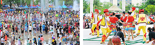 【左】七仙広場で水掛けに興じる人々　【右】バンブーダンス演舞