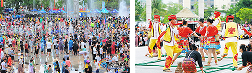 【左】七仙広場で水掛けに興じる人々 【右】バンブーダンス演舞