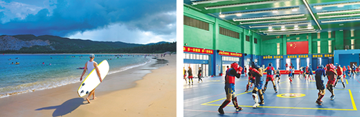 【左】三亜でサーフィンを楽しむ観光客　【右】白沙県の国家体育訓練南方基地でトレーニングするボクシングのナショナルチーム